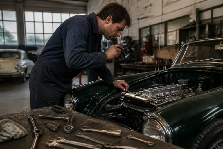 Un mécanicien inspecte le compartiment moteur d'une aston martin vintage dans un atelier de restauration
