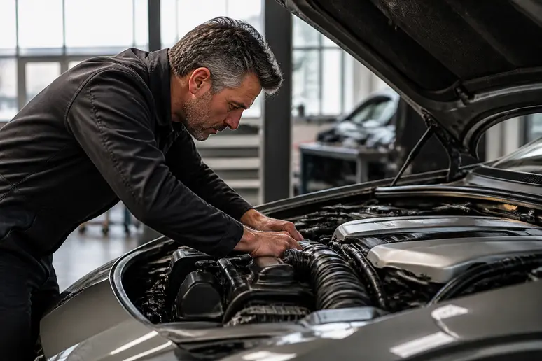 Contrôle minutieux du compartiment moteur d'une Bentley d'occasion lors d'une inspection avant l'achat