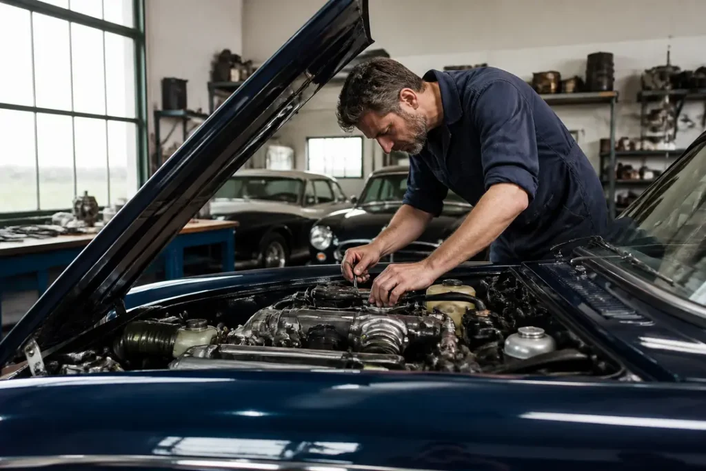 Un mécanicien examine le compartiment moteur d'une bentley occasion dans un atelier spécialisé.