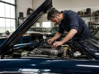 Un mécanicien examine le compartiment moteur d'une bentley occasion dans un atelier spécialisé.