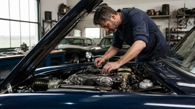 Un mécanicien examine le compartiment moteur d'une bentley occasion dans un atelier spécialisé.