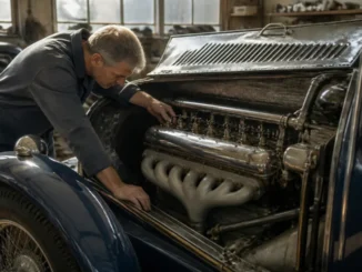 Un mécanicien inspecte le moteur d une bugatti ancienne dans un atelier baigné de lumière naturelle.