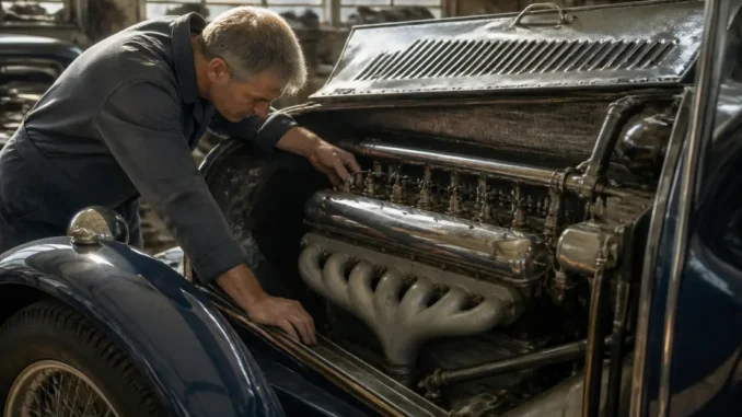Un mécanicien inspecte le moteur d une bugatti ancienne dans un atelier baigné de lumière naturelle.