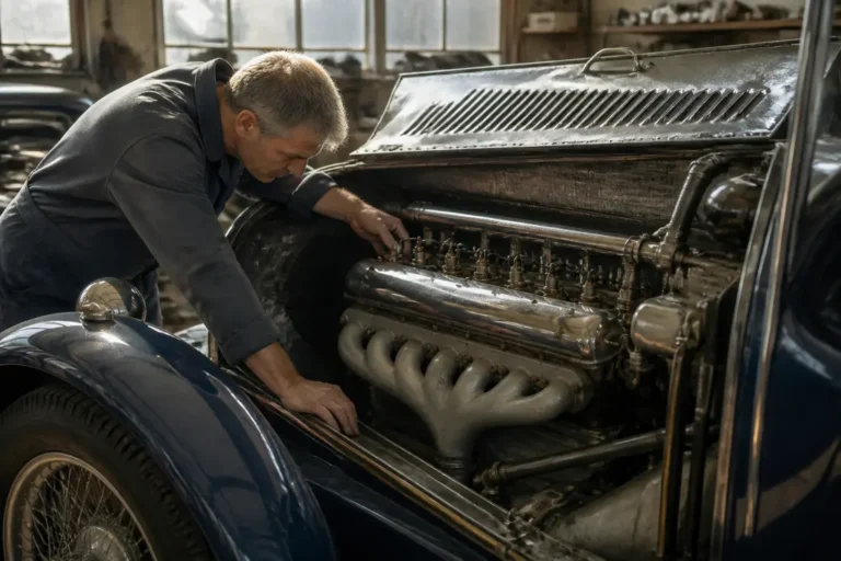 Un mécanicien inspecte le moteur d une bugatti ancienne dans un atelier baigné de lumière naturelle.
