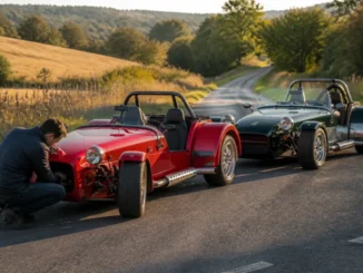 Deux voitures de sport classiques garées au bord d'une route, idéal pour trouver une caterham occasion.