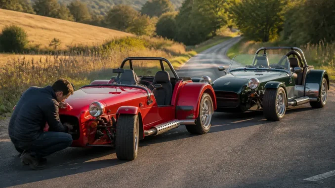 Deux voitures de sport classiques garées au bord d'une route, idéal pour trouver une caterham occasion.