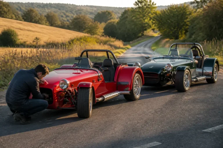 Deux voitures de sport classiques garées au bord d'une route, idéal pour trouver une caterham occasion.