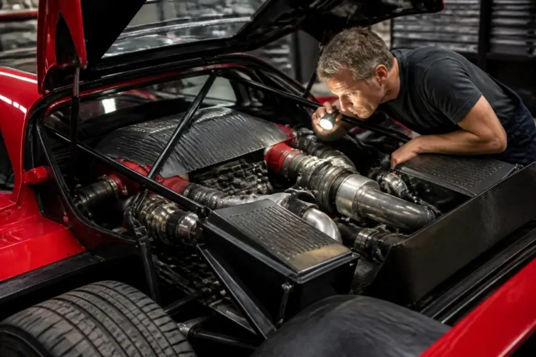Un mécanicien examine le moteur V8 biturbo d'une voiture de collection f40 dans un atelier spécialisé