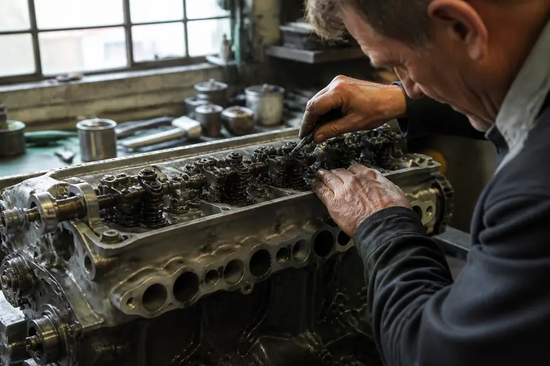 Moteur XK de Jaguar Mk2 démonté dans un atelier de restauration automobile