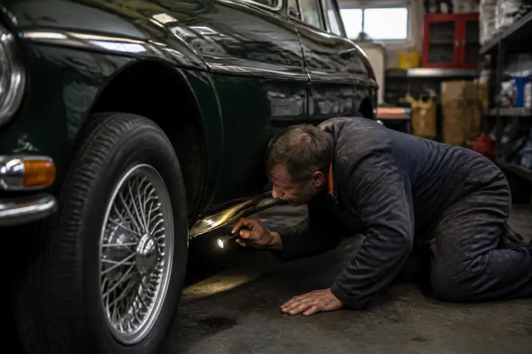 Inspection minutieuse de la carrosserie et des bas de caisse d'une Jaguar Mk2 ancienne