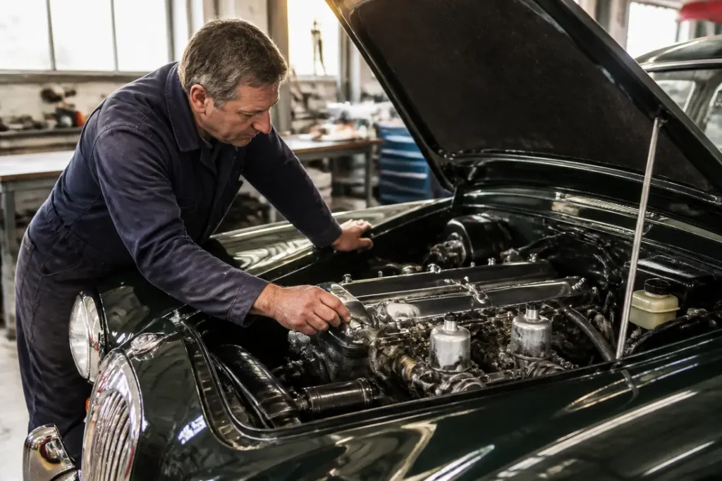 Mécanicien inspectant le moteur d'une jaguar mk2 classique dans un atelier de restauration automobile