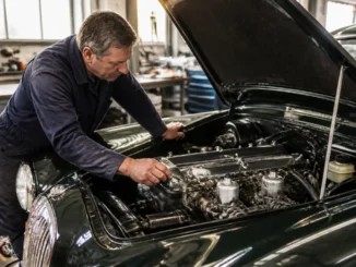 Mécanicien inspectant le moteur d'une jaguar mk2 classique dans un atelier de restauration automobile