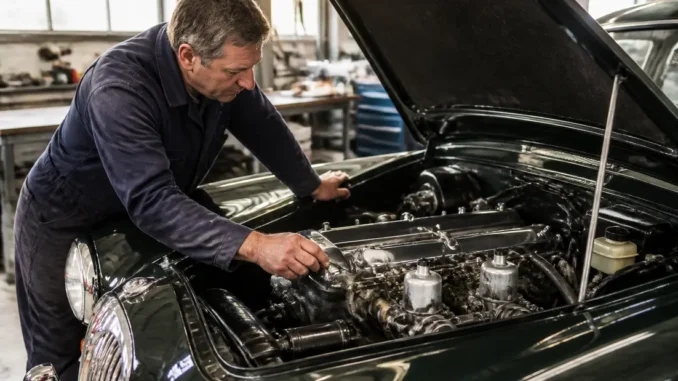 Mécanicien inspectant le moteur d'une jaguar mk2 classique dans un atelier de restauration automobile