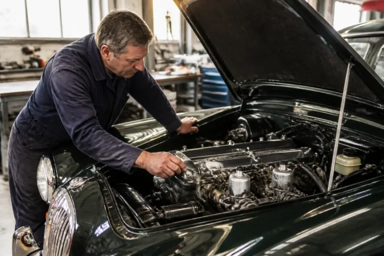 Mécanicien inspectant le moteur d'une jaguar mk2 classique dans un atelier de restauration automobile