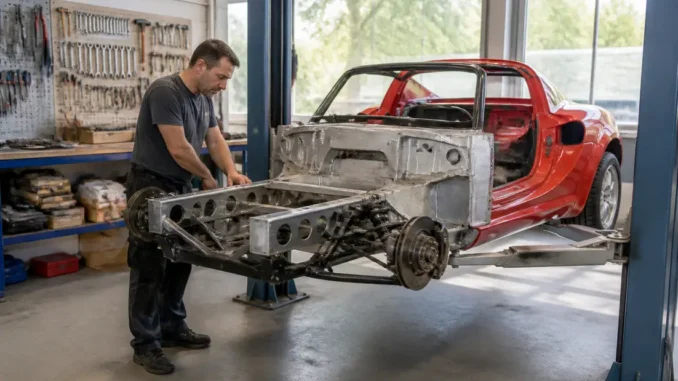 un mecanicien inspecte le chassis en aluminium d'une lotus elise dans un atelier