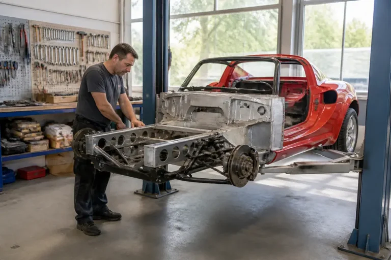 un mecanicien inspecte le chassis en aluminium d'une lotus elise dans un atelier