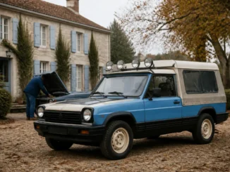 Un exemplaire de matra rancho garé devant une maison de campagne avec des projecteurs de toit