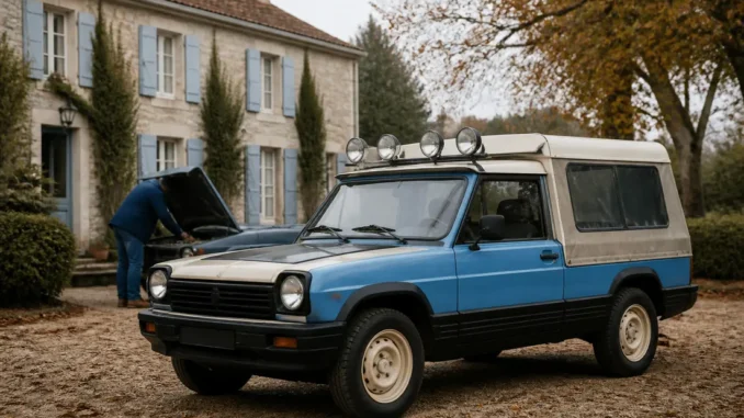 Un exemplaire de matra rancho garé devant une maison de campagne avec des projecteurs de toit