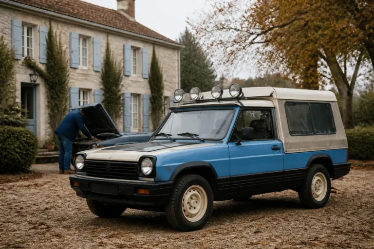 Un exemplaire de matra rancho garé devant une maison de campagne avec des projecteurs de toit