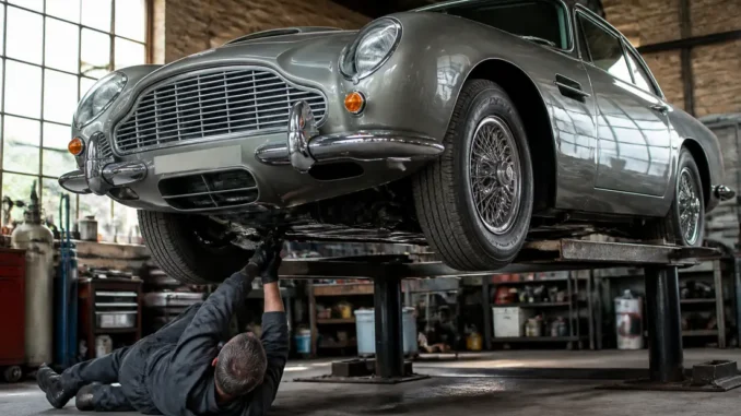 Un mécanicien inspecte le châssis d'une mgb gt occasion dans un atelier de restauration automobile