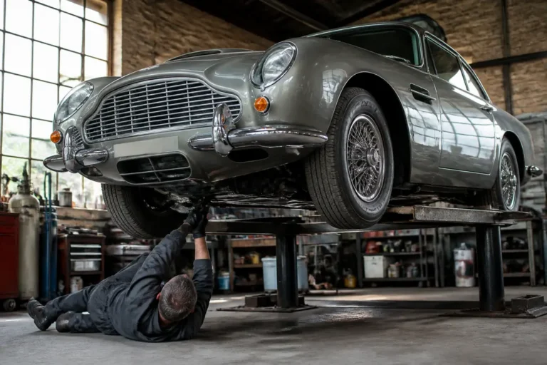 Un mécanicien inspecte le châssis d'une mgb gt occasion dans un atelier de restauration automobile