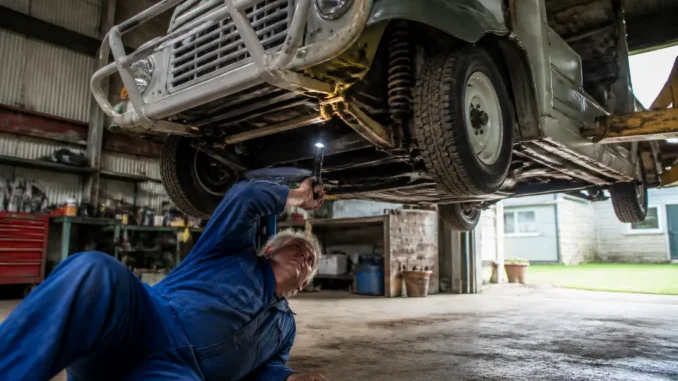 Un mécanicien inspecte le châssis d'une mini moke occasion dans un atelier de restauration automobile