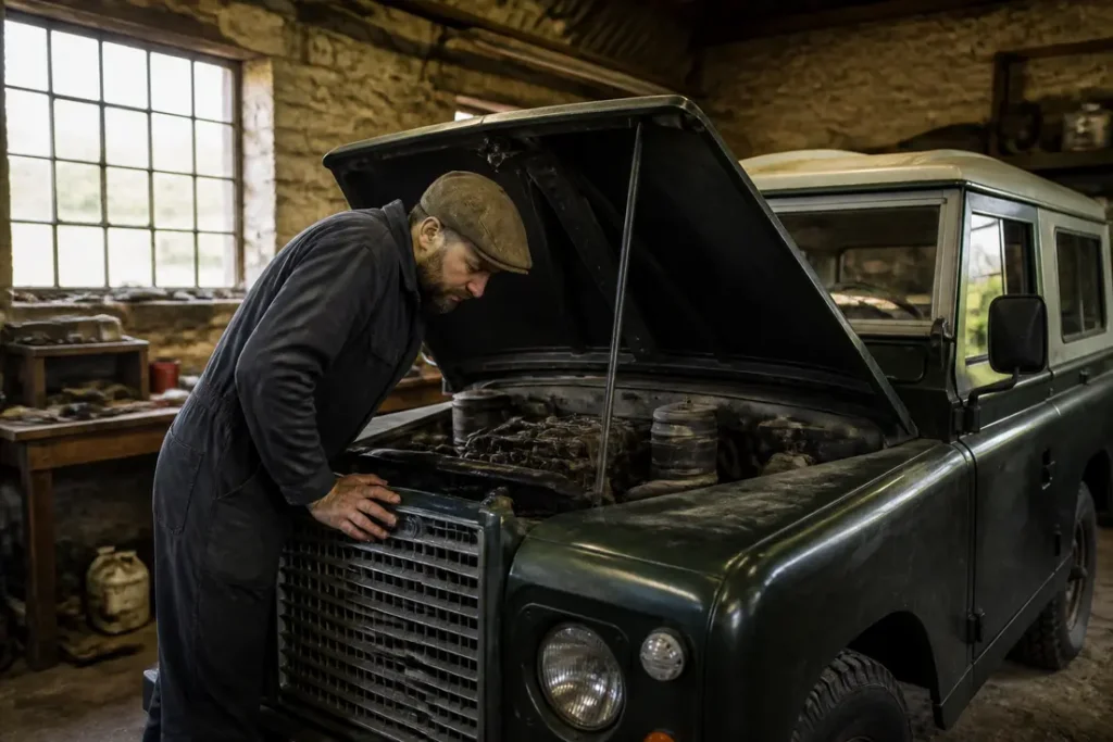 Un mécanicien inspecte le compartiment moteur d'un range rover classic occasion dans un garage lumineux.