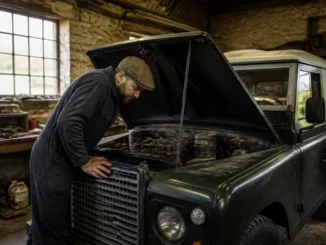 Un mécanicien inspecte le compartiment moteur d'un range rover classic occasion dans un garage lumineux.