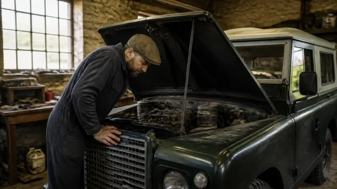 Un mécanicien inspecte le compartiment moteur d'un range rover classic occasion dans un garage lumineux.