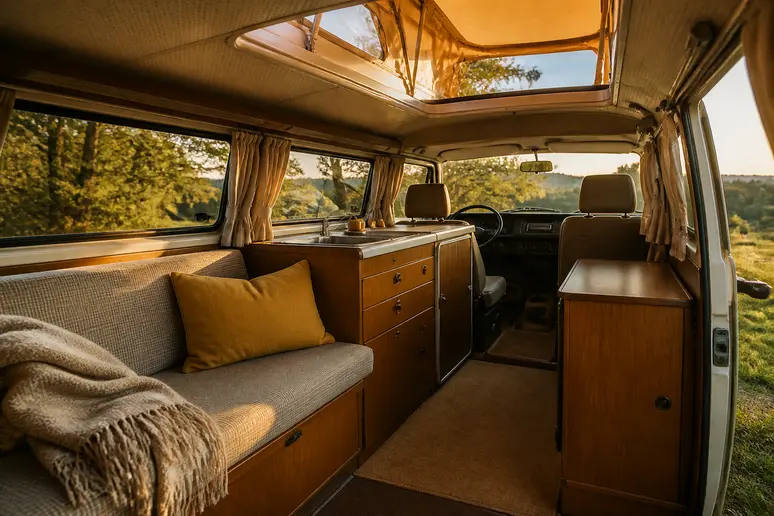 Aménagement intérieur d'origine avec toit relevable sur un van volkswagen combi restauré pour le voyage