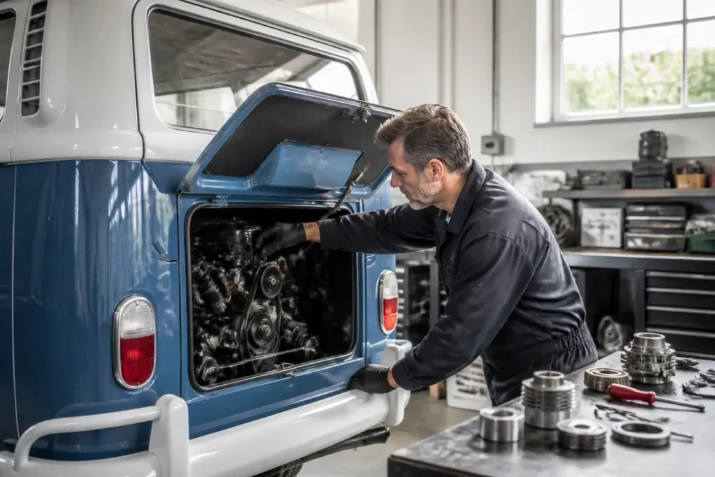 Un mécanicien examine le moteur d'un van volkswagen combi classique dans un atelier de restauration.