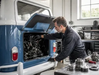 Un mécanicien examine le moteur d'un van volkswagen combi classique dans un atelier de restauration.
