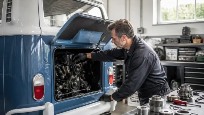 Un mécanicien examine le moteur d'un van volkswagen combi classique dans un atelier de restauration.
