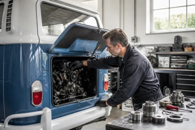Un mécanicien examine le moteur d'un van volkswagen combi classique dans un atelier de restauration.