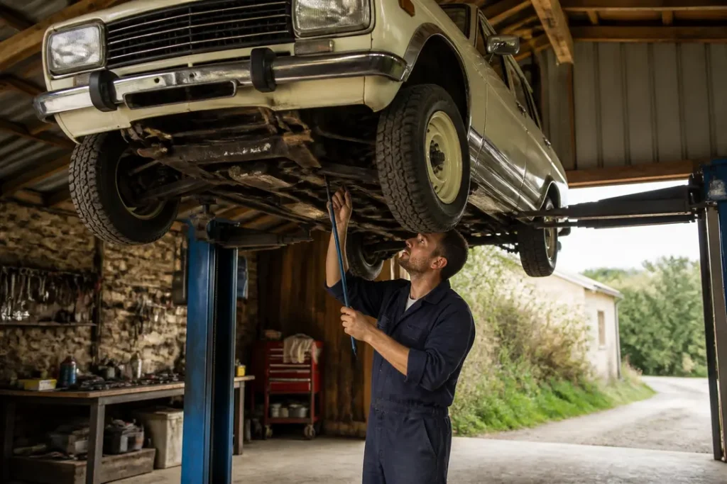 Un mécanicien examine le châssis d'une authentique 504 dangel 4x4 sur un pont élévateur dans un atelier.