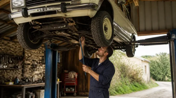 Un mécanicien examine le châssis d'une authentique 504 dangel 4x4 sur un pont élévateur dans un atelier.