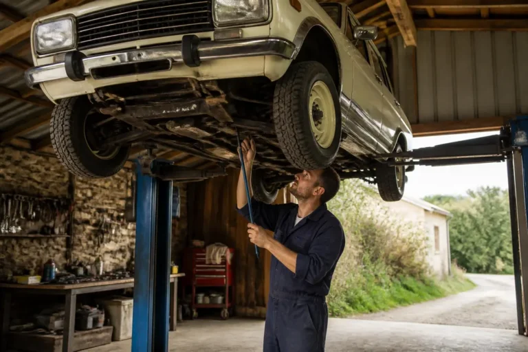 Un mécanicien examine le châssis d'une authentique 504 dangel 4x4 sur un pont élévateur dans un atelier.