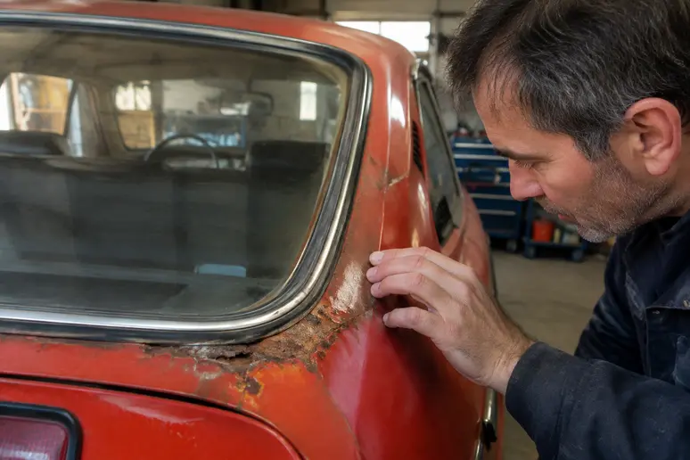 Mécanicien inspectant le joint de lunette arrière attaqué par la rouille sur une alfasud sprint