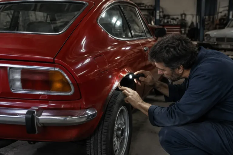 un mecanicien inspecte la carrosserie d une alfasud sprint classique dans un atelier de restauration