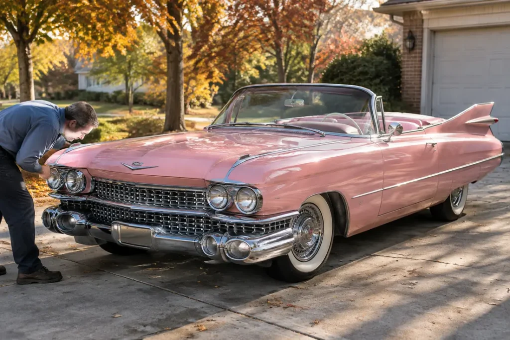 Un mécanicien inspecte une magnifique cadillac vintage décapotable garée dans une allée ensoleillée