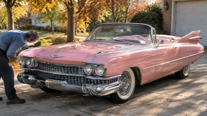 Un mécanicien inspecte une magnifique cadillac vintage décapotable garée dans une allée ensoleillée