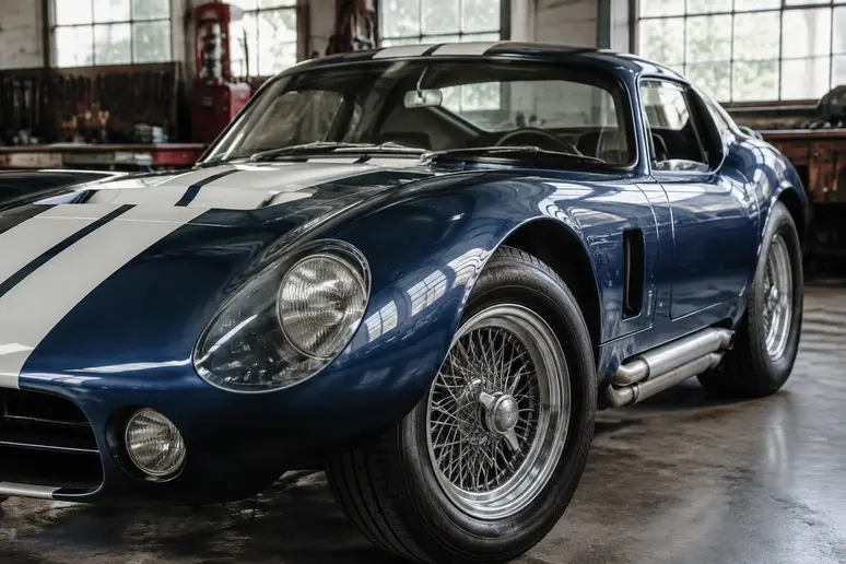 Détail de la carrosserie aérodynamique et des roues d'une Shelby Cobra Daytona d'époque
