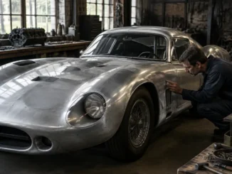 Expert inspectant les détails de carrosserie d une authentique cobra daytona dans un atelier de restauration