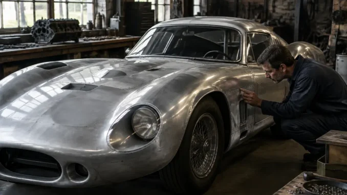 Expert inspectant les détails de carrosserie d une authentique cobra daytona dans un atelier de restauration