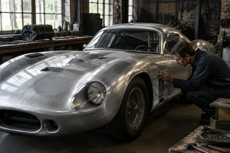 Expert inspectant les détails de carrosserie d une authentique cobra daytona dans un atelier de restauration