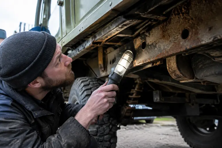 Inspection minutieuse du châssis d'un defender vintage pour détecter la corrosion sur les longerons