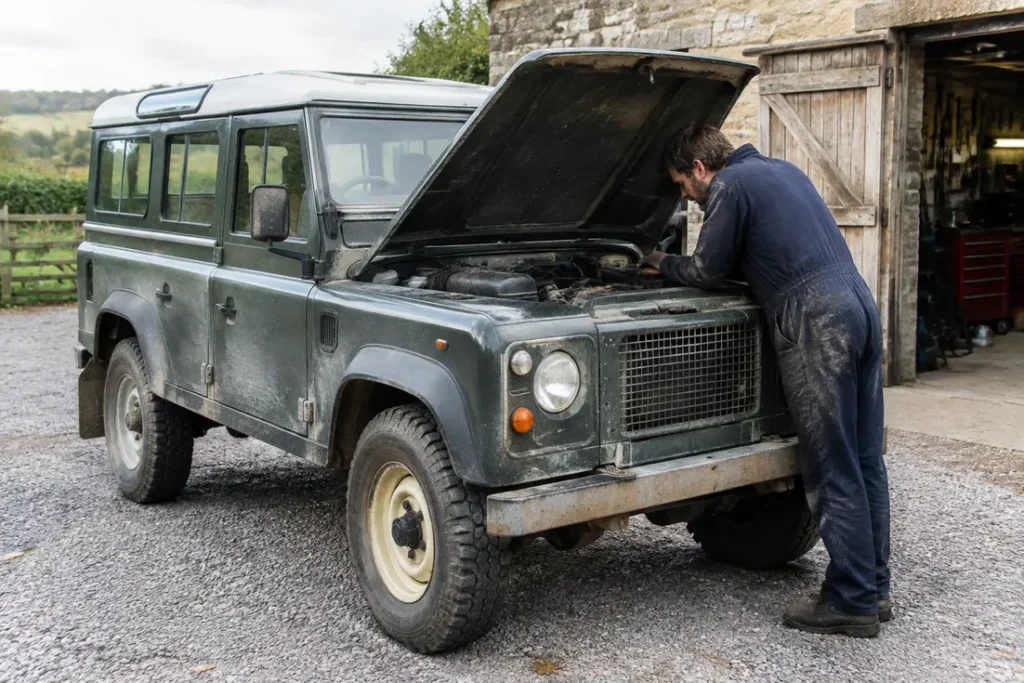 Un defender vintage garé près d'un atelier rural pendant une inspection mécanique en plein air.