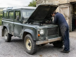 Un defender vintage garé près d'un atelier rural pendant une inspection mécanique en plein air.