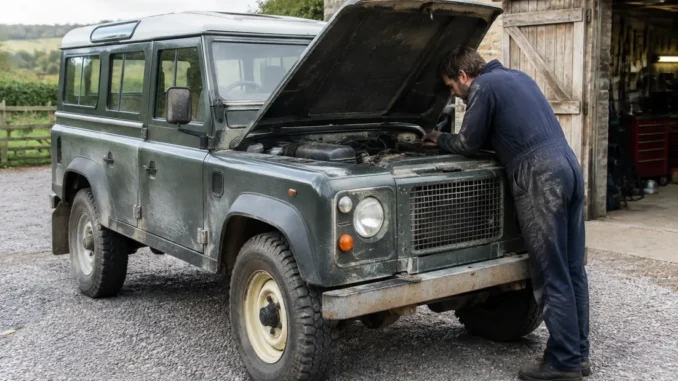 Un defender vintage garé près d'un atelier rural pendant une inspection mécanique en plein air.