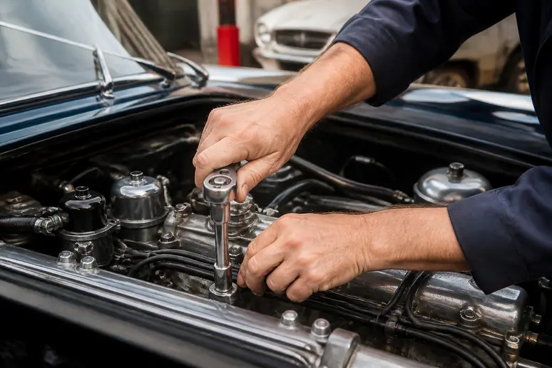 Mécanicien inspectant le compartiment moteur d'une jaguar xk8 d'occasion pour vérifier les tendeurs de chaînes